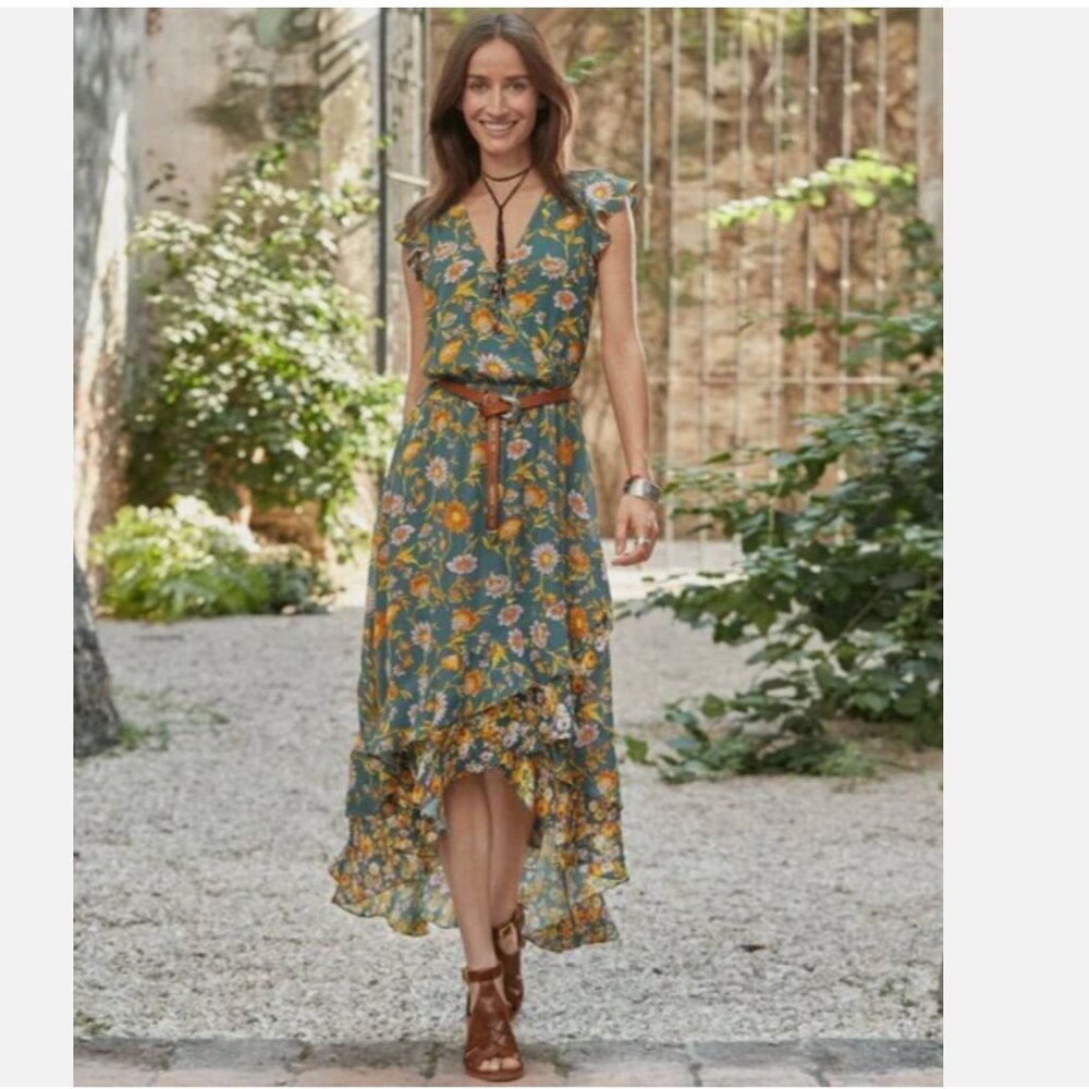 Sundance Green Floral Ruffle Faux-Wrap Maxi Dress – Size L